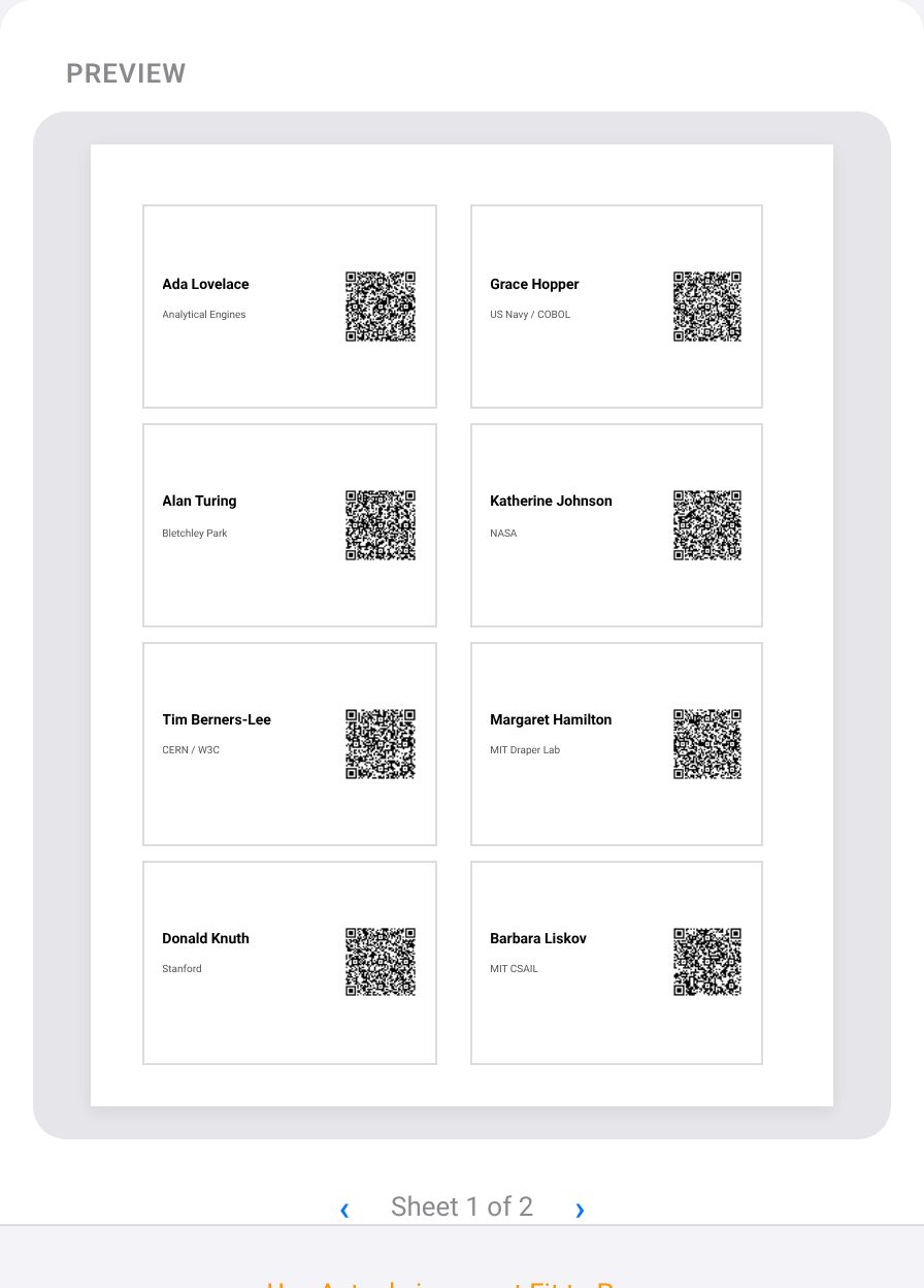 Event QR Badges preview of name badges with QR codes
